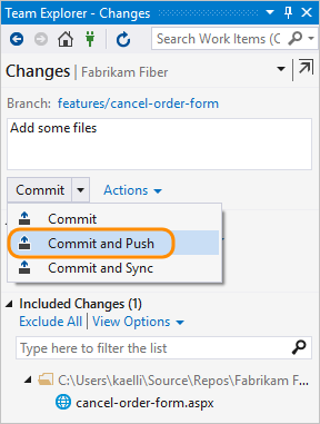 Screenshot shows Commit and push changes.