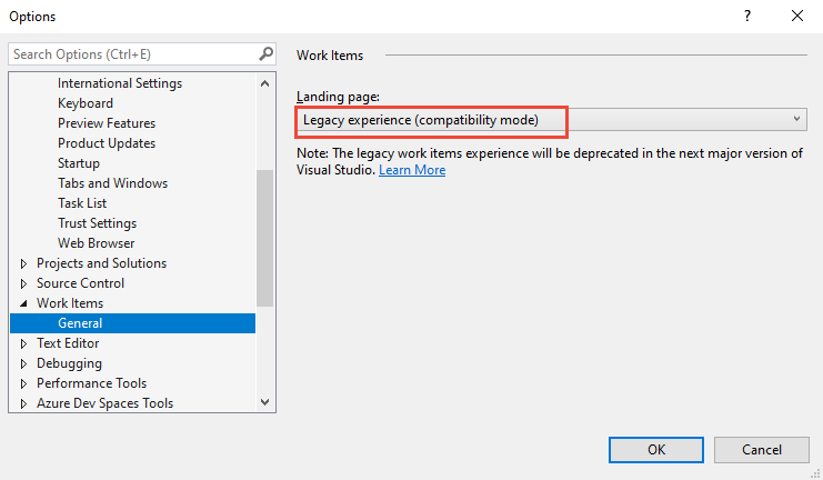 Screenshot shows the Visual Studio Options dialog, with Work Items and General selected.