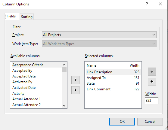 Screenshot of Links and Attachments dialog, Links tab, Added columns.