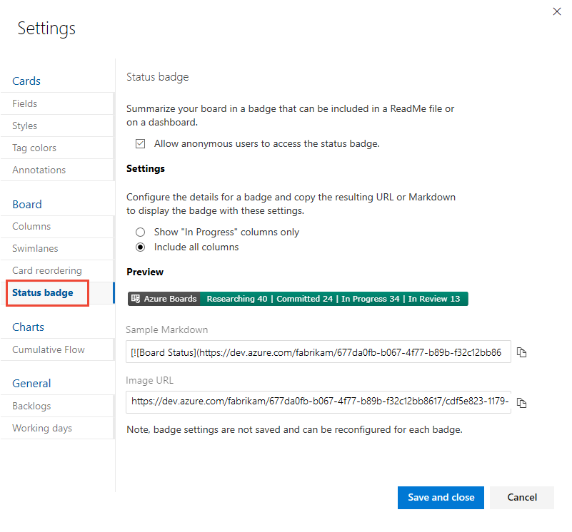 Screenshot of board Settings dialog, Status badge tab, Azure DevOps Server 2019.