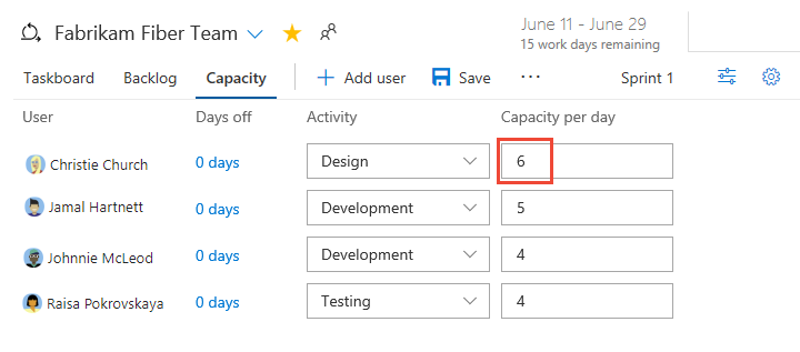 Screenshot of Set team capacity.