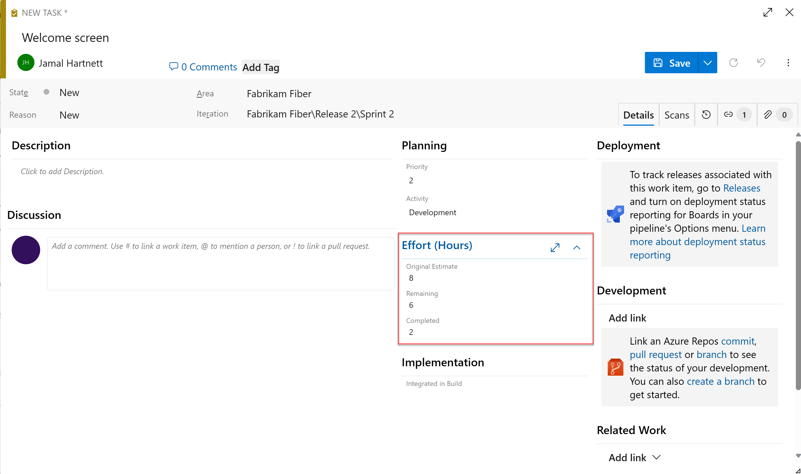 Screenshot of Agile task work item form.