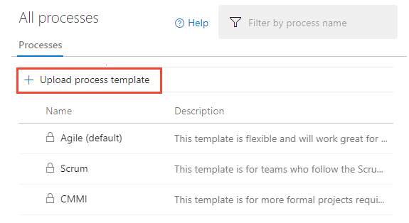 Screenshot of web portal, All processes, Upload process template. 