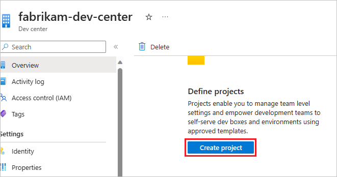 Screenshot of Create dev center Project button