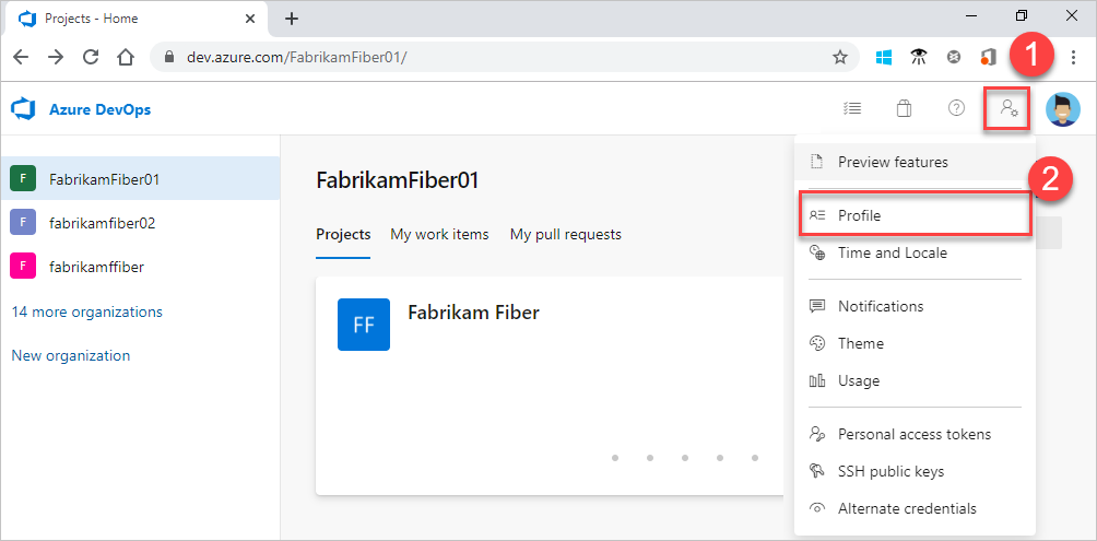 Screenshot shows opened Azure DevOps profile.