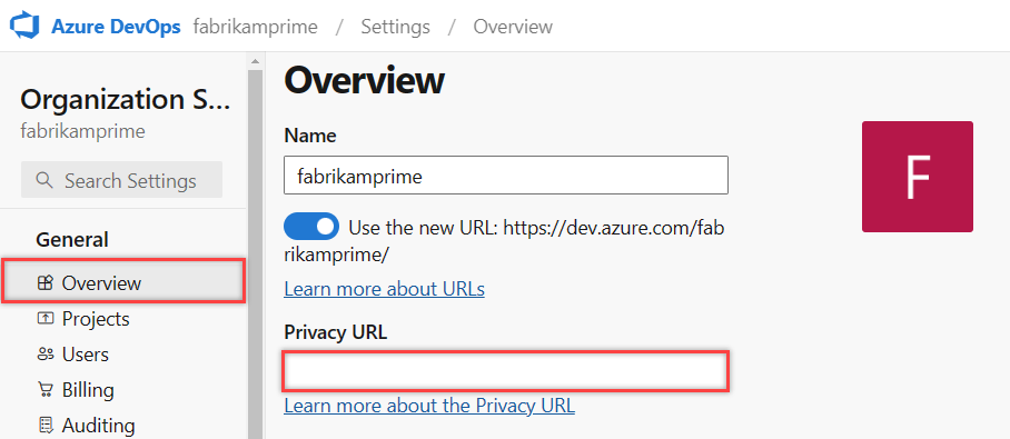 Screenshot showing where you can add your privacy policy URL in Organization settings