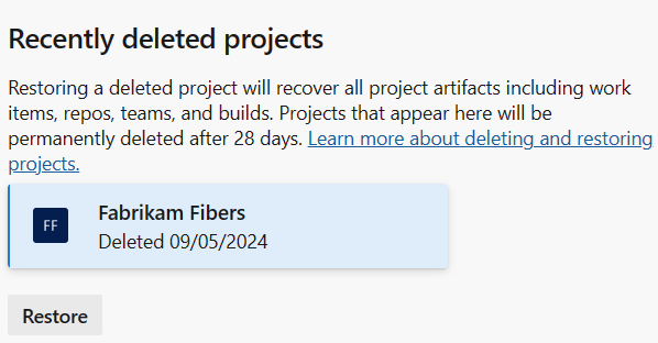 Screenshot showing highlighted project, and Restore button.