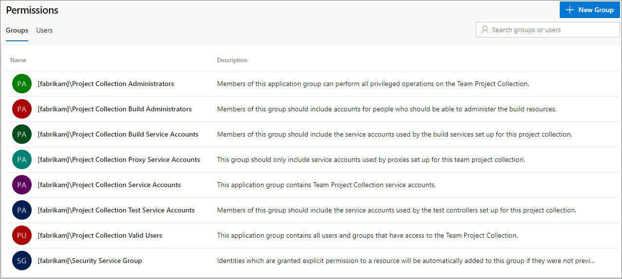 Screenshot of Project collection groups, new user interface.