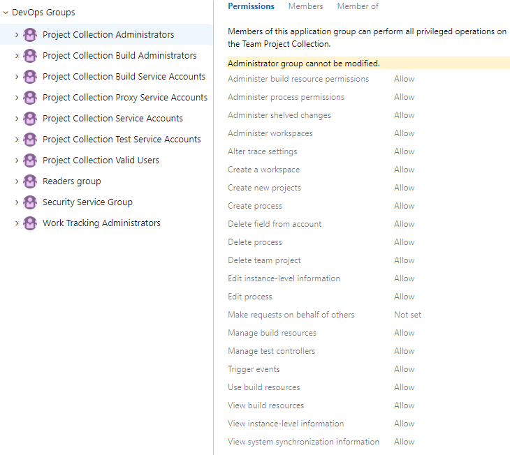 Screenshot of Collection-level permissions dialog, Azure DevOps Services current page and on-premises.