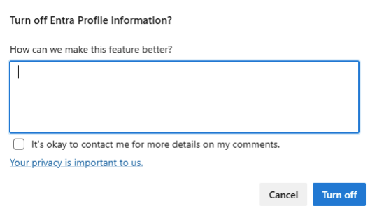 Screenshot shows window for entering feature improvements and feedback for Microsoft Entra profile information.