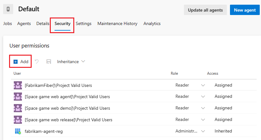 Screenshot of agent pool security tab.