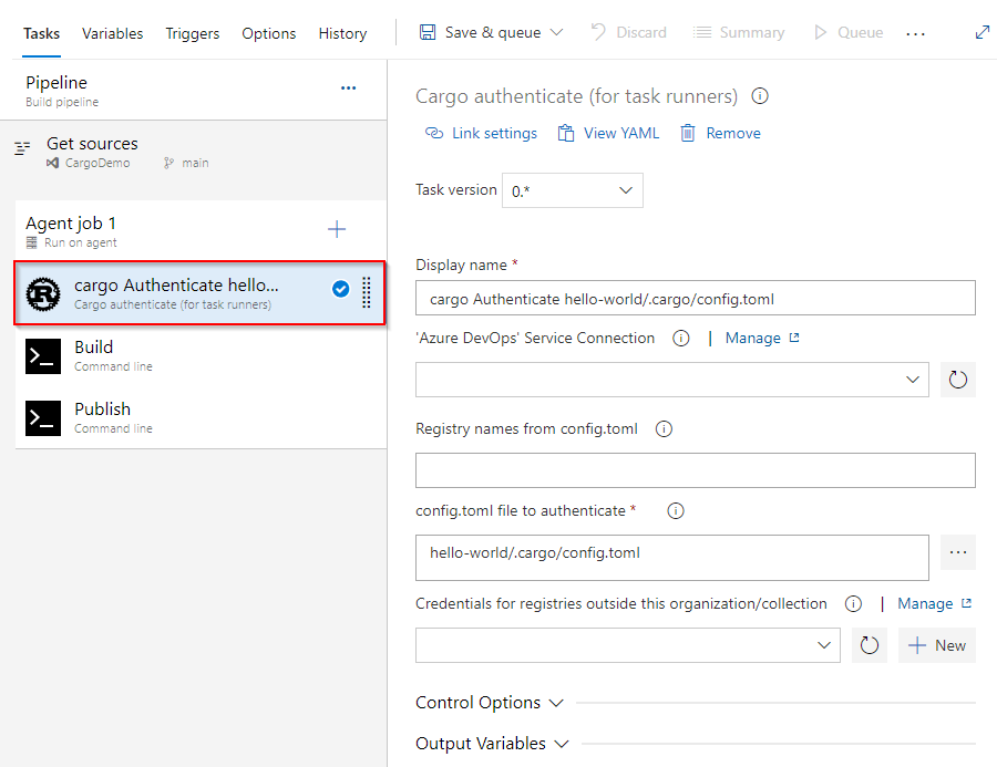 A screenshot displaying how to configure the Cargo authenticate task in a Classic pipeline.