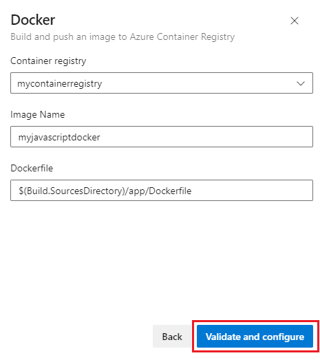 Screenshot showing how to configure a Docker pipeline to build and publish an image to Azure Container Registry.