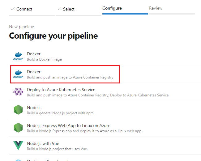 Screenshot that shows the Build and push Docker image to Azure Container Registry pipeline selection.