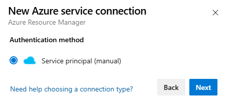 Screenshot that shows selecting a service principal (manual) authentication method selection.