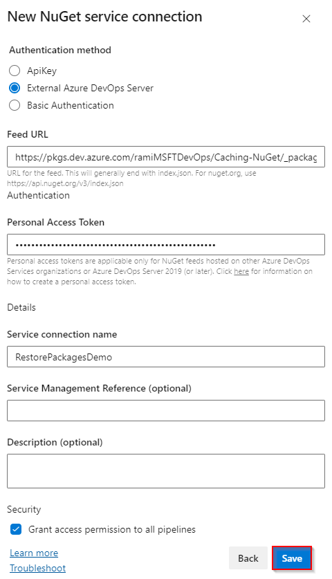 A screenshot showing how to create a new NuGet service connection.