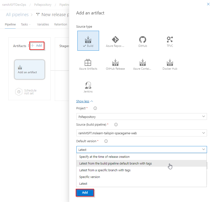 A screenshot that shows how to add an artifact to a classic release pipeline.