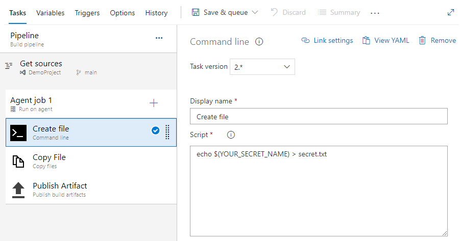 A screenshot showing how to configure the command line task.