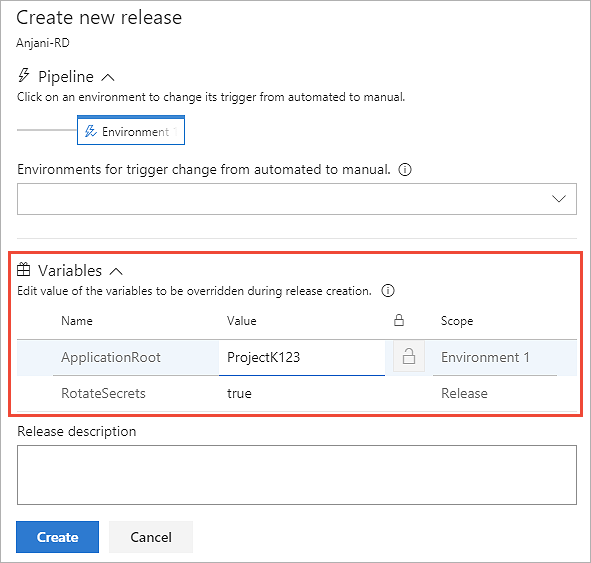 A screenshot showing how to edit variables at release time.