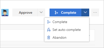 Screenshot that shows the Complete button options for the PR.