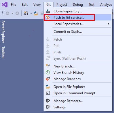 Screenshot of the 'Push to Git service' menu option in the Git menu on the menu bar in Visual Studio 2022.