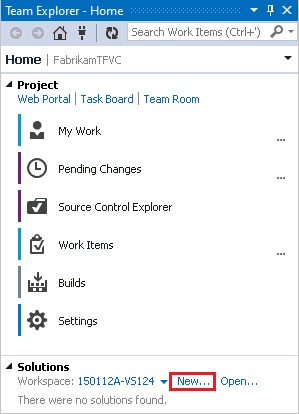 Screenshot that shows the Team Explorer Home page with New highlighted under Solutions.