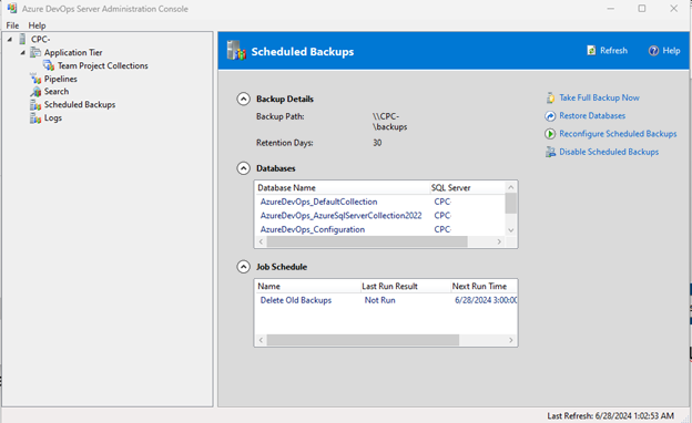 Screenshot shows administration console showing scheduled backups screen.