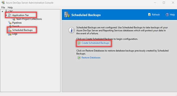 Screenshot shows buttons for selection in administration console to create scheduled backup.