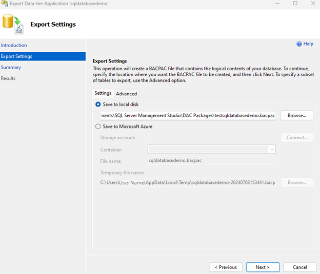 Screenshot shows entered bacpac file storage location on Export Settings screen.