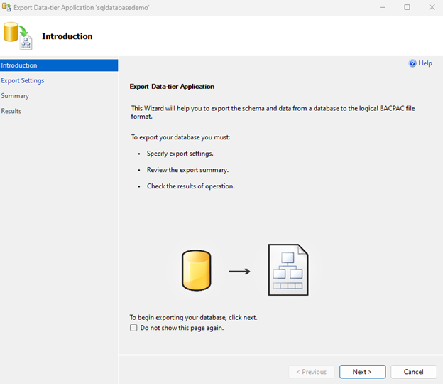 Screenshot shows introduction screen for exporting your database.