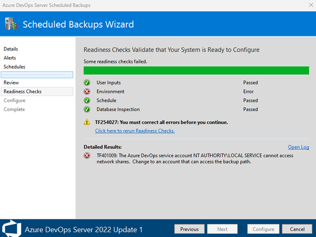 Screenshot shows Environment error during readiness check.