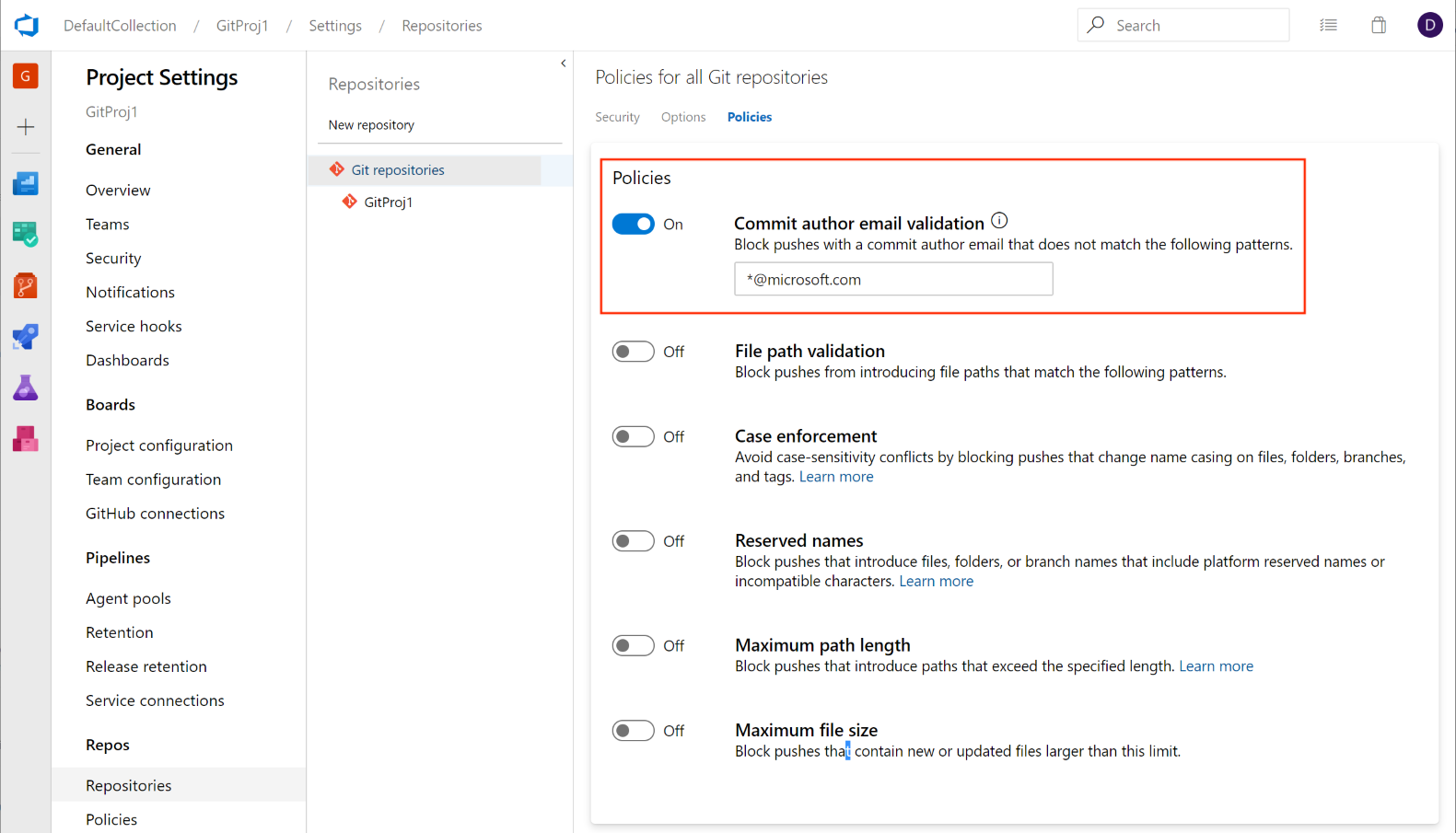 Screenshot showing Policies for all Git repositories on the Policies tab with the Commit author email validation option set to On.