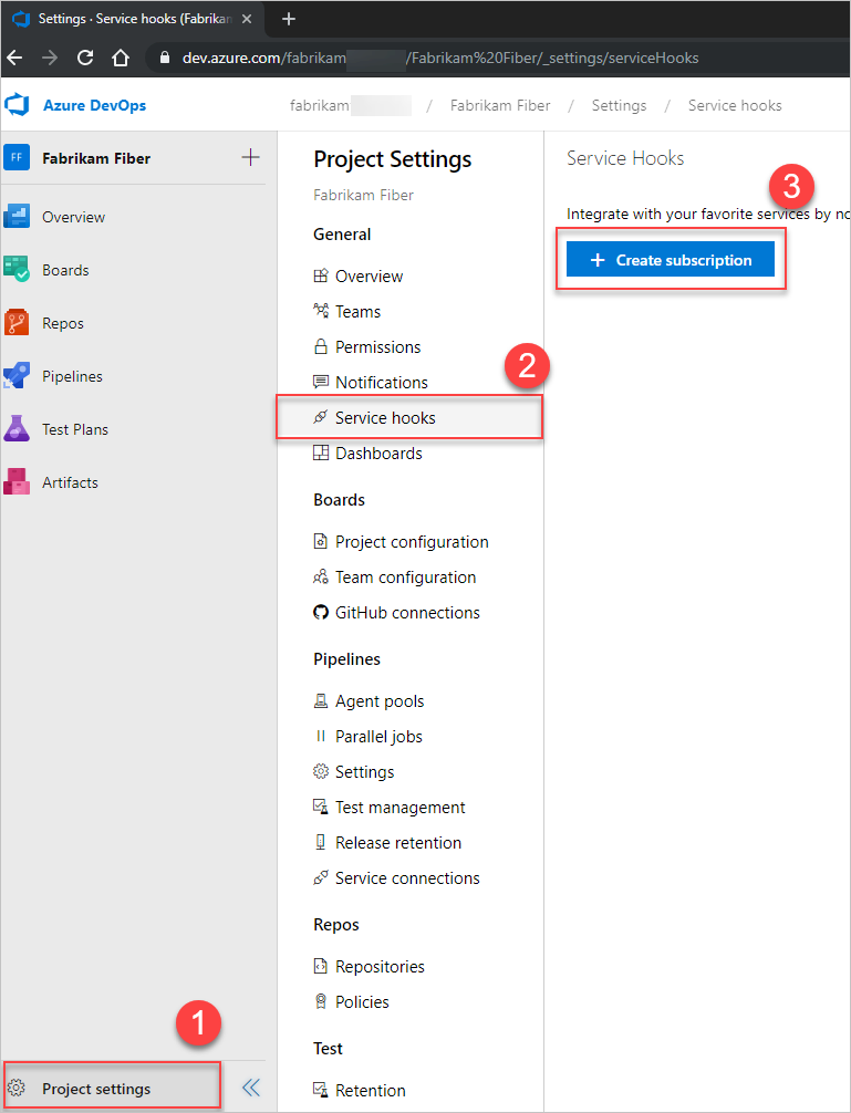 Select Create subscription from the Service hooks page