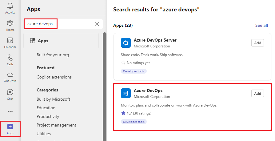 Screenshot that shows searching for Azure DevOps in Teams.