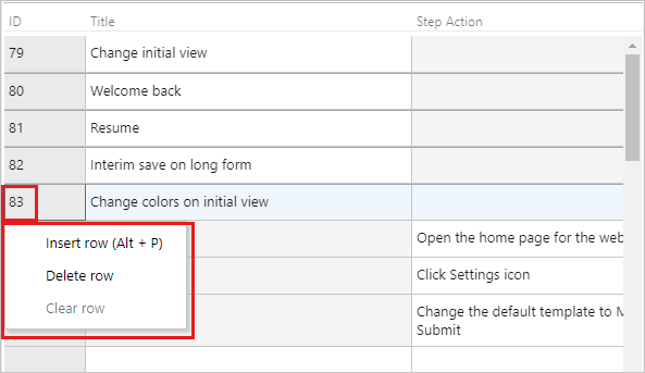 Screenshot showing the Grid context menu to insert, delete, or clear rows.