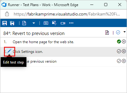 Screenshot shows how to select the edit icon to edit test steps.