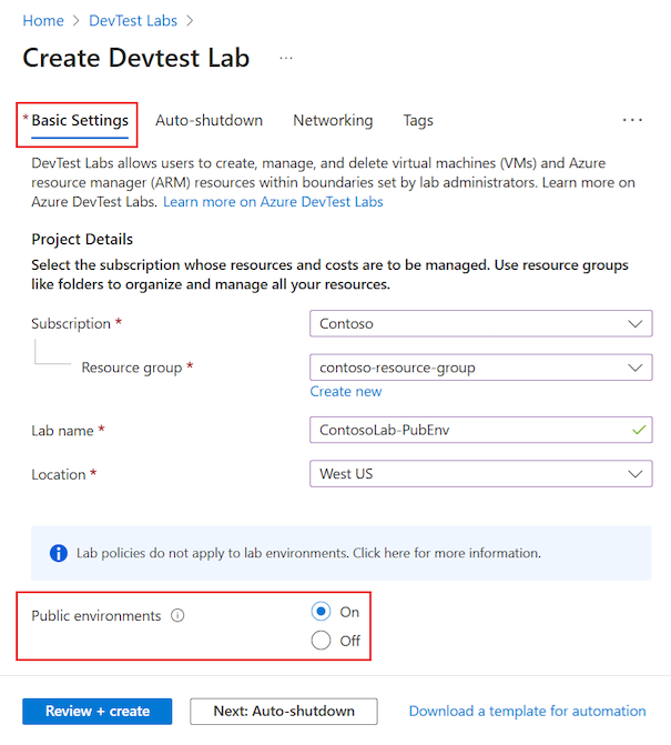 Screenshot that shows how to enable public environment repositories for a lab during the lab creation process.