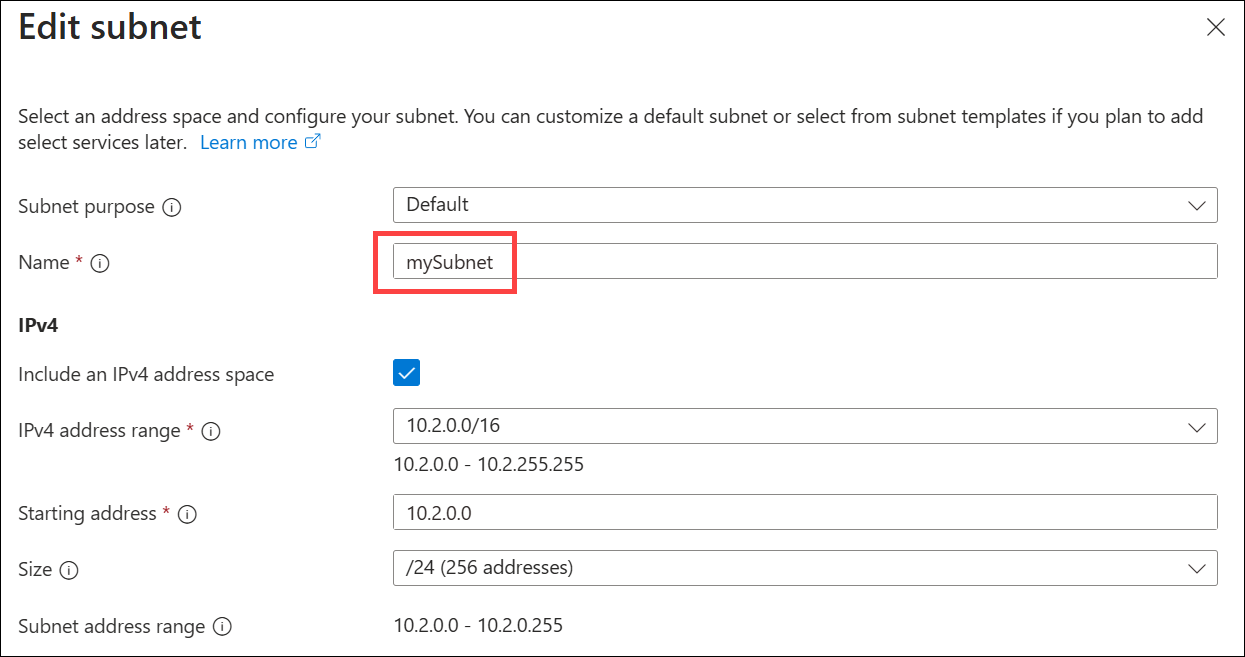 Screenshot of specifying subnet IPv4 address space.