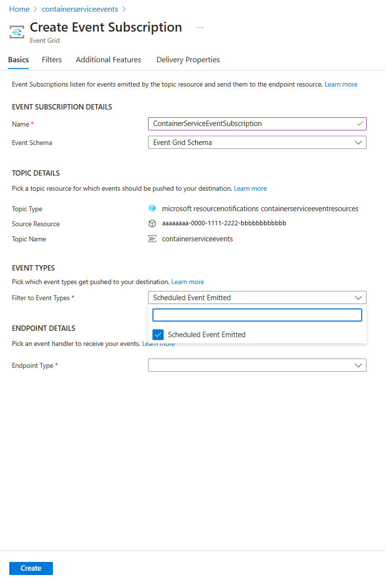 Screenshot that shows the Create Event Subscription page.