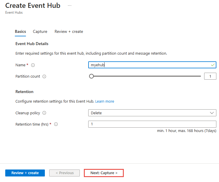 Screenshot of the Create event hub page.