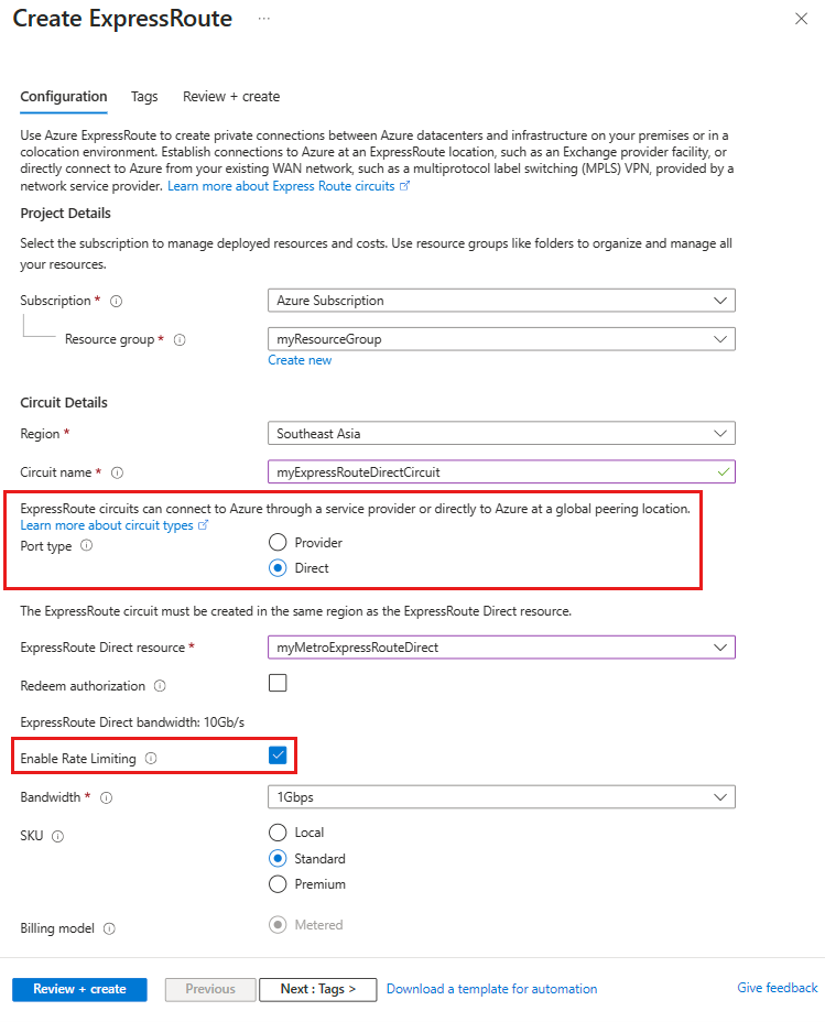 Screenshot of the configuration page for a new ExpressRoute Direct circuit showing the rate limiting setting.