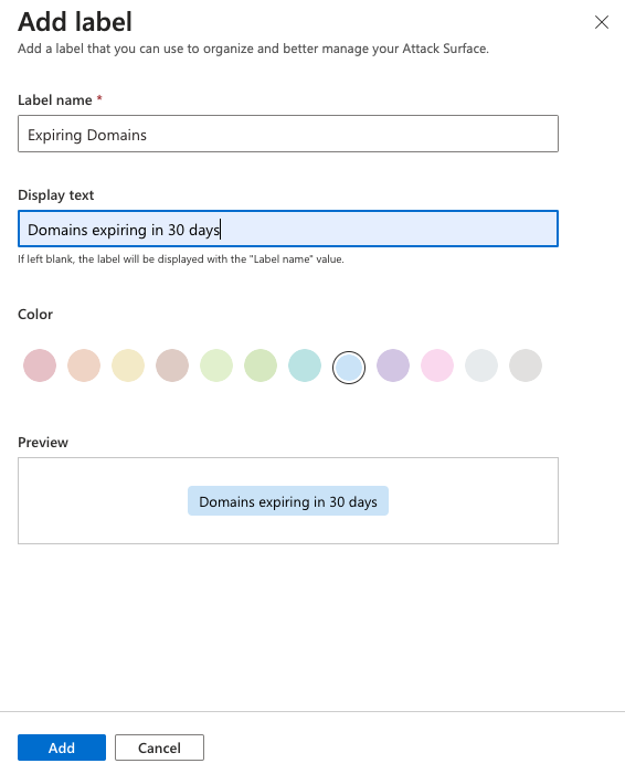 Screenshot that shows the Add label pane that displays the configuration fields.