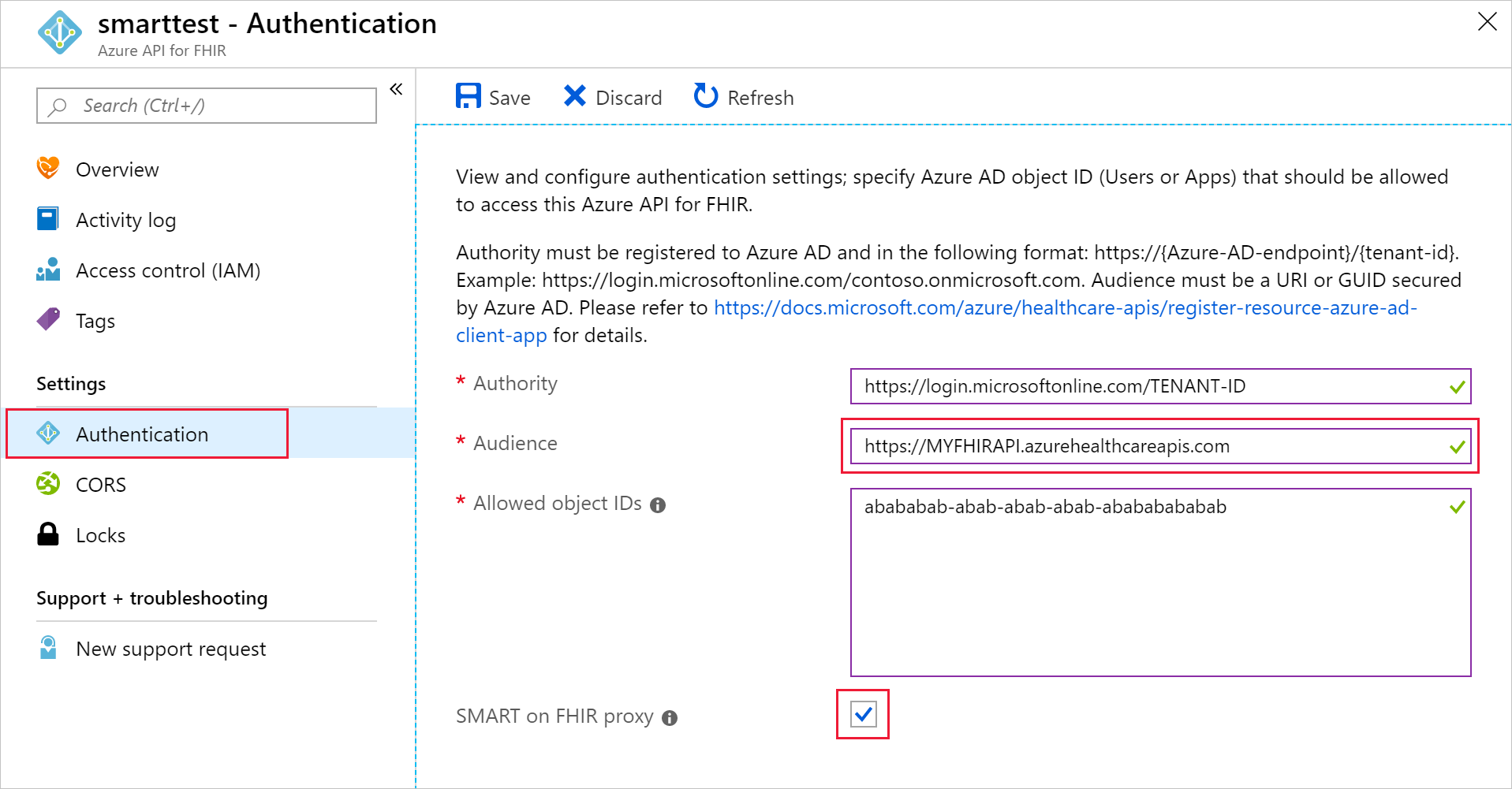 Screenshot shows enabling the SMART on FHIR proxy.