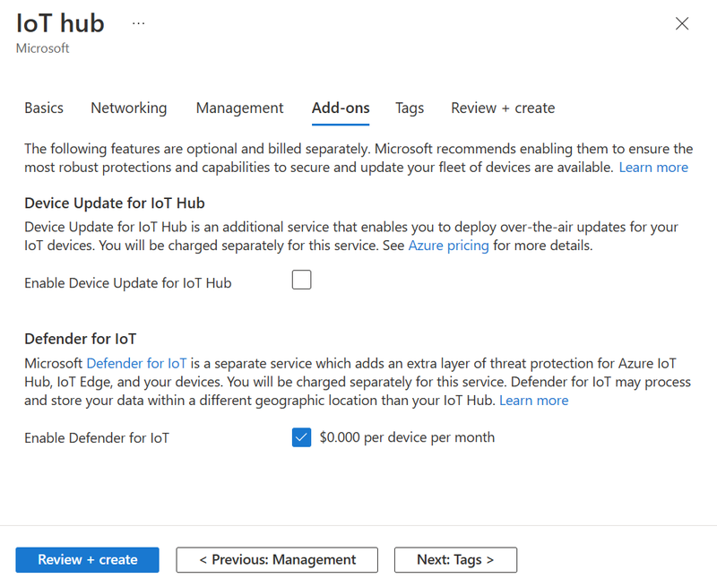 Screen capture that shows how to set the optional add-ons for a new IoT hub.