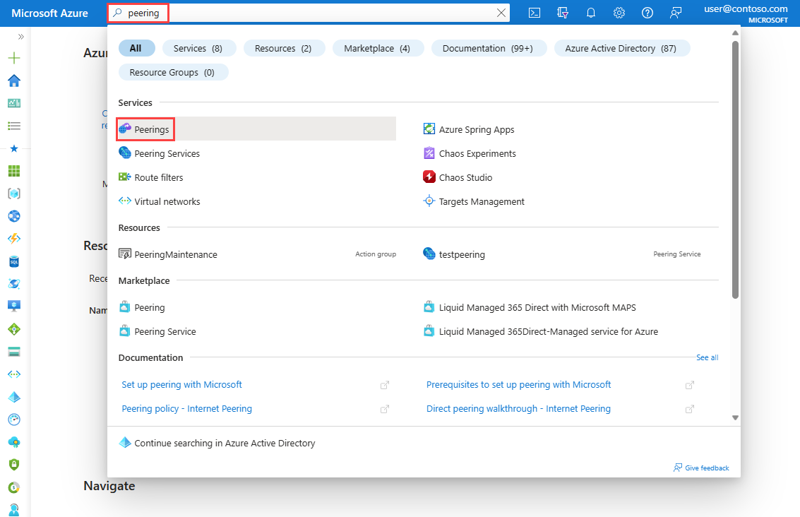 Screenshot that shows how to search for Peering resources in the Azure portal.