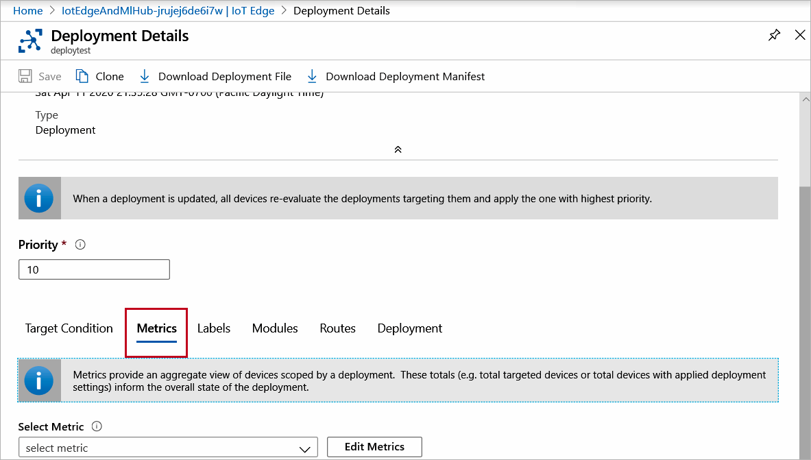 Screenshot showing the metrics for a deployment.