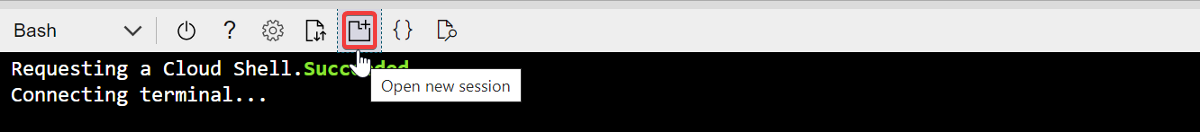 Screenshot of an Azure Cloud Shell window, highlighting the Open New Session icon in the toolbar.