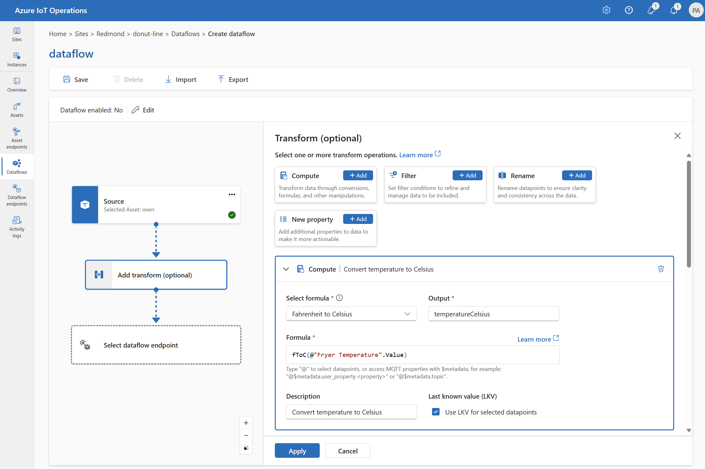 Screenshot using operations experience to add a compute transform.