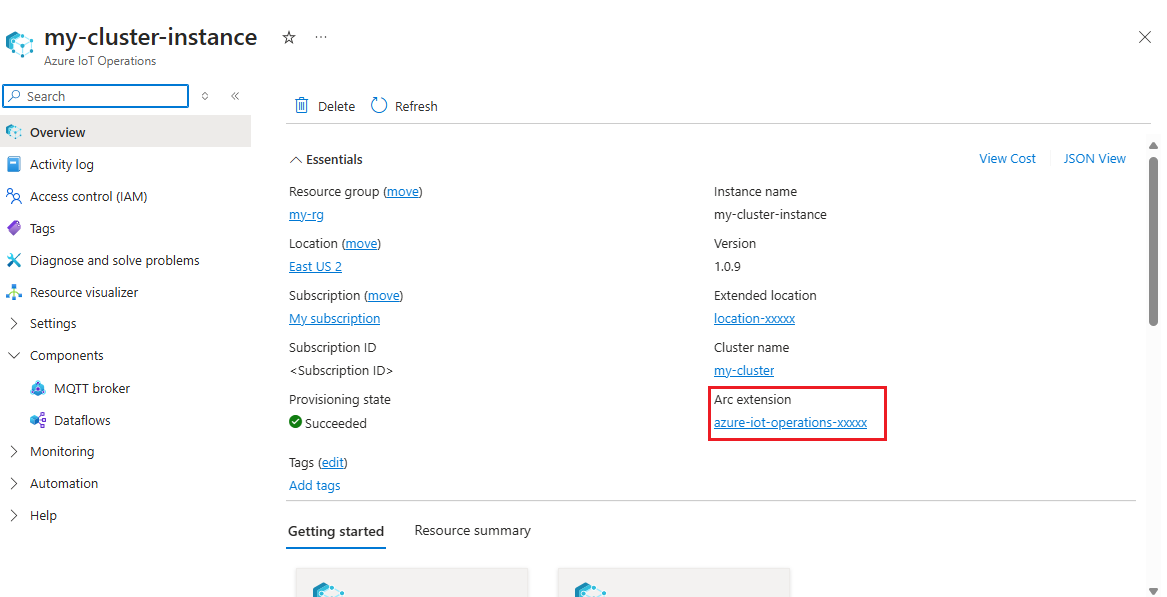 Screenshot of Azure portal showing where to find the extension name.