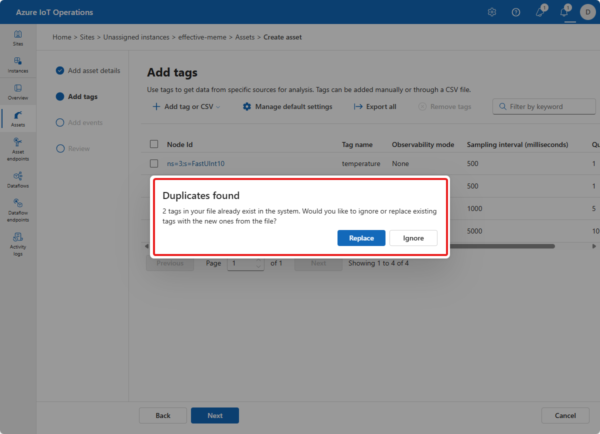 A screenshot that shows the error message when you import duplicate tag definitions in the operations experience.